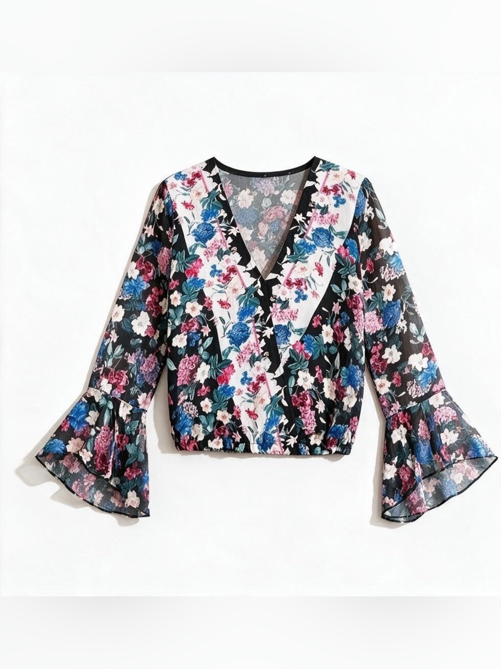 Guess Donna Scarf Bouquet  Floral Print Long Bell Sleeve Top Size Large